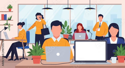 Diverse team of professionals diligently working in a modern, open-plan office environment. Ideal for business, corporate culture, or teamwork concepts.