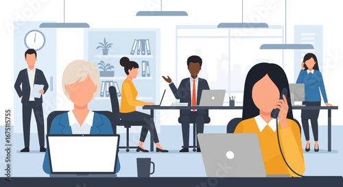 Diverse business people working collaboratively in a modern office environment, symbolizing teamwork, productivity, and professional success.