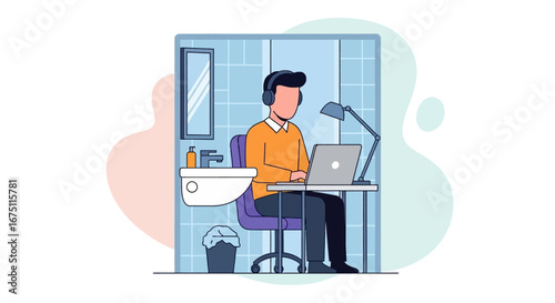 Man working remotely from an unconventional home office, possibly a bathroom, using a laptop and headphones. Depicts flexible work lifestyle.