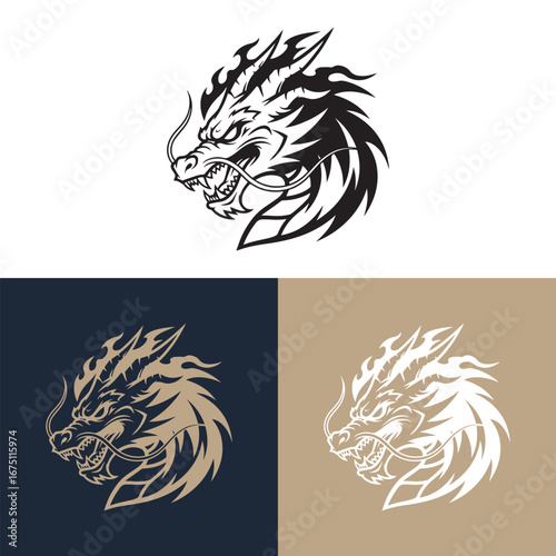 Aggressive Dragon Head with Fiery Mane, Vector Illustration