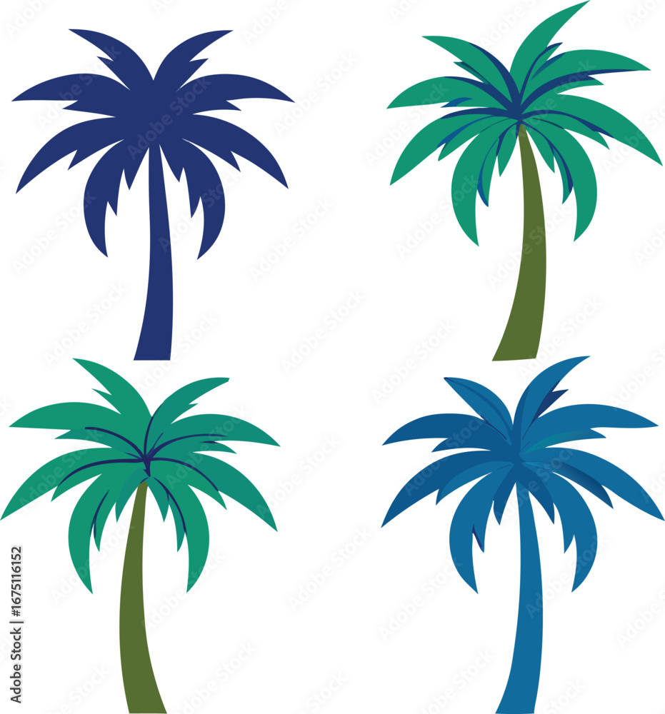 Fototapeta premium Four stylized palm trees in vibrant blue and green hues for tropical designs