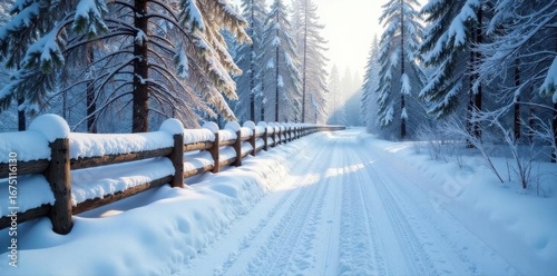 Snowy road winds past rustic timber fence, winter wonderland , woods, fence post