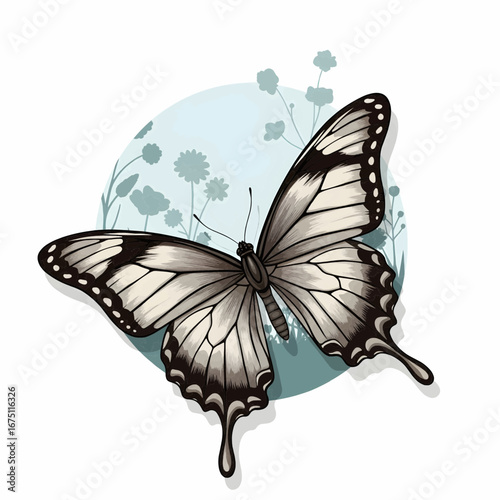 Vector illustration of a butterfly emerging from circular floral habitat