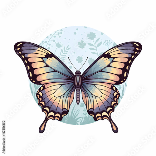 Vector illustration of a butterfly emerging from circular floral habitat