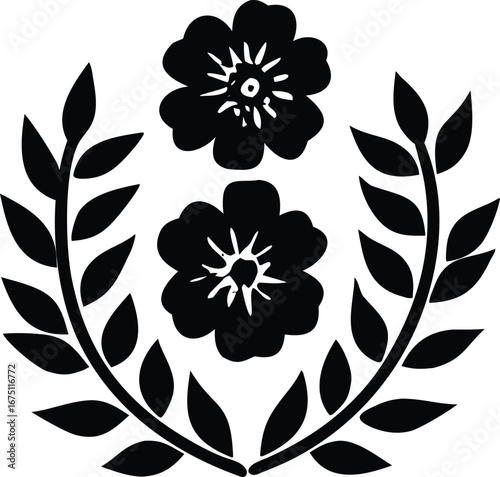Elegant black and white floral emblem featuring two blooming flowers and laurel branches symbolizing nature and beauty