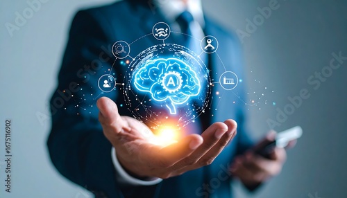 Businessman holds a holographic AI brain