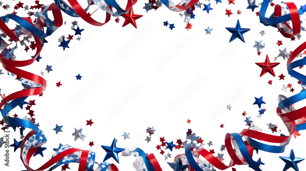Fototapeta premium Red, white, and blue patriotic streamers and confetti border isolated on transparent background