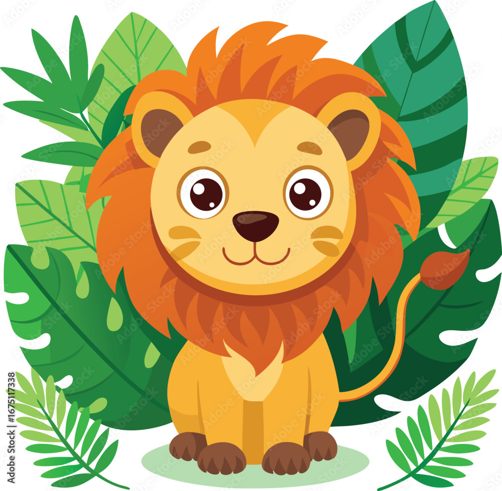 Fototapeta premium Cartoon Lion, Cute Cartoon Lion, Cute Cartoon Lion Vector Illustration, Adorable Baby Lion Cub Clipart, Kawaii Jungle Animal, Chibi Style.