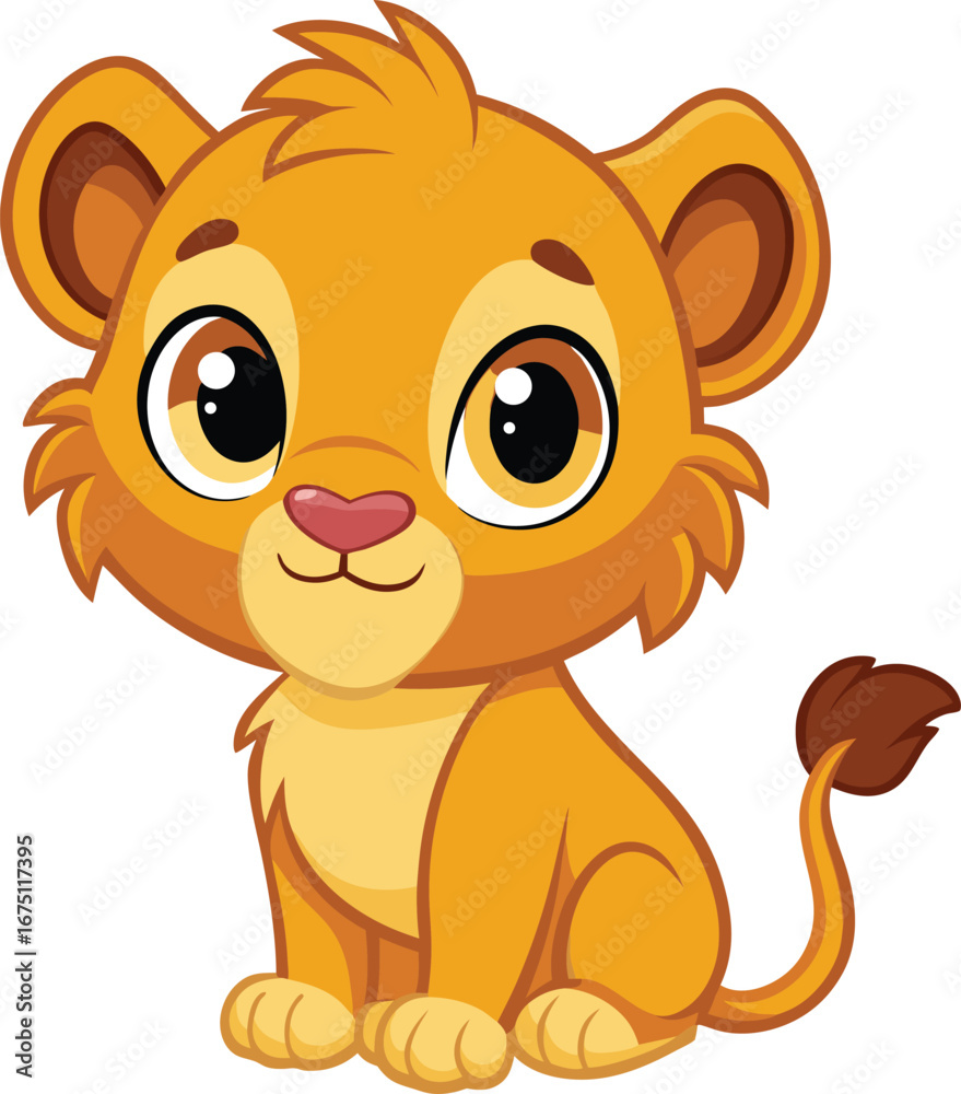 Obraz premium Cartoon Lion, Cute Cartoon Lion, Cute Cartoon Lion Vector Illustration, Adorable Baby Lion Cub Clipart, Kawaii Jungle Animal, Chibi Style.