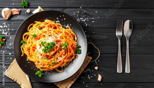 Heaped plate of tasty spaghetti spicy pasta topped with fresh basil leaves and grated parmesan cheese seen from a low angle on a rustic wooden table