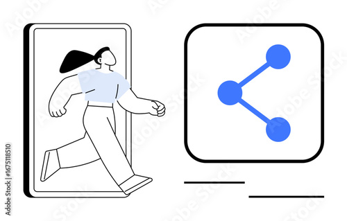 Woman in motion exiting smartphone screen, large share icon beside. Ideal for technology, communication, sharing, social media, innovation, digital interaction, and simple landing page