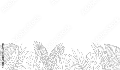 Tropical leaf line art wallpaper background vector. Design of natural Monstera leaves and banana leaves in a minimalist linear outline style. Design for print, cover, banner, decoration.