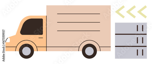 Cargo truck positioned beside stacked boxes, unloading with motion arrows. Ideal for logistics, delivery, shipping, supply chain, transportation, warehouse cargo. Clean simple flat metaphor