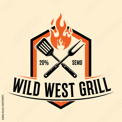 west western wild cowboy grill bbq, logo design illustration