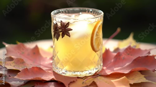 Warm autumn drink on autumn leaves