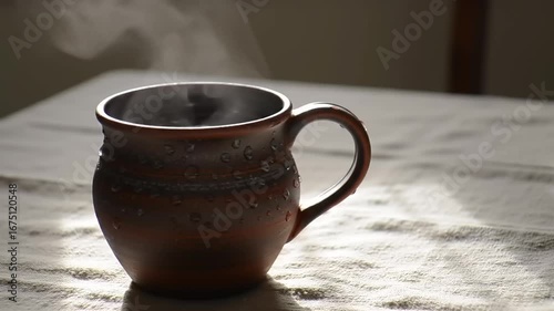 Warm beverage in rustic mug on tablecloth