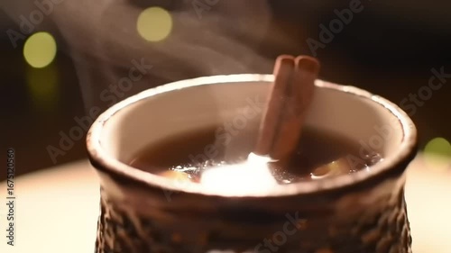 Warm beverage in dark mug with cinnamon sticks