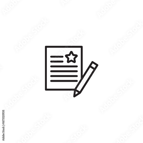Outline icon of a document with star and pencil on white background paper writing