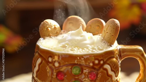 Warm beverage with whipped cream and cookies