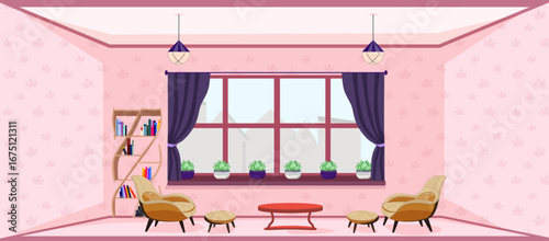 living room with a window and flowers on the windowsill