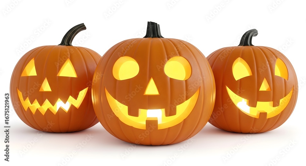 Fototapeta premium Glowing Jack O Lantern Pumpkins on White Background