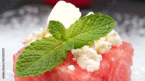 Watermelon cubes with feta cheese and mint