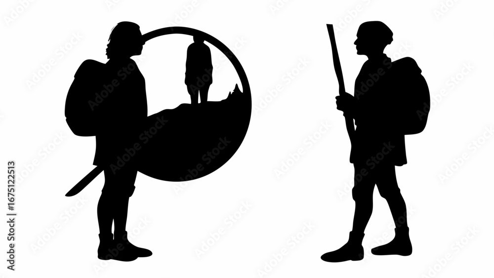 Obraz premium Silhouette of two travelers with backpacks one holding a staff and the other with a sword and a view