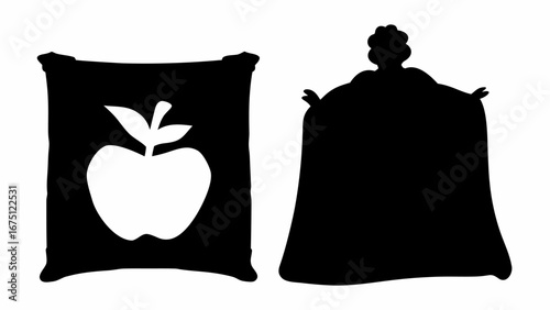 Silhouette illustration of an apple on a pillow and a figure in a cloak on a white background