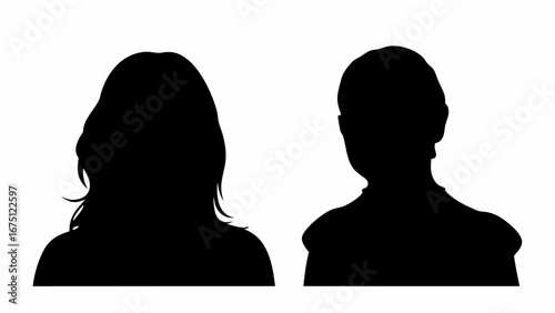 Two silhouette portraits of people with distinct hairstyles against a white background, dark and contrasting