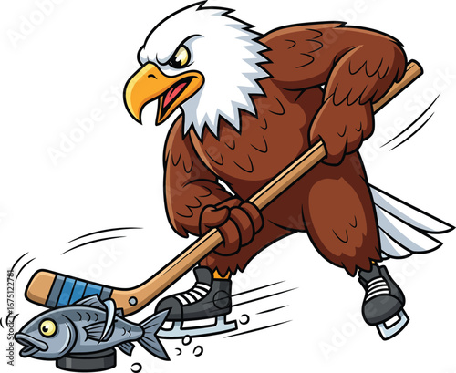 Funny Cartoon Eagle Playing Ice Hockey with Fish Puck - A Vector Clipart