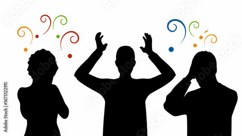 Silhouetted figures expressing confusion with colorful swirls and dots above their heads in a group setting