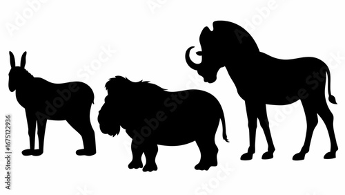 Silhouette depiction of a donkey, a warthog, and a zebra standing in a row against a white background