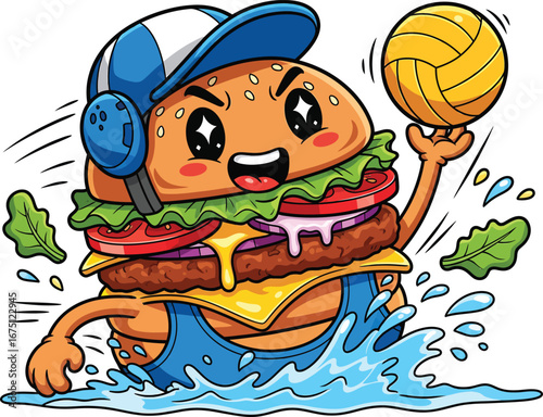Funny Cartoon Burger Character Playing Water Polo - A Vector Clipart