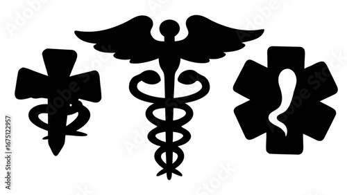 Illustration showing medical symbols including caduceus maltese cross and star of life in black silhouette