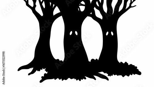Silhouette of three trees with eyes in a dark forest creating a spooky and mysterious atmosphere scene