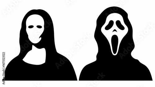 Two stylized black and white figures one resembling a nun and the other a scream mask outline design silhouette