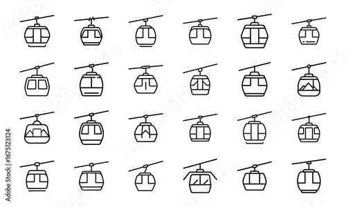 Travel and Adventure Outline Icons Set Camping, Hiking, Airplane Ticket, Credit Card, Globe, Map, Binoculars, Luggage, Camper Van, Mountains, Lighthouse, Ship, Cable Car, Campfire, Selfie Stick, Wea
