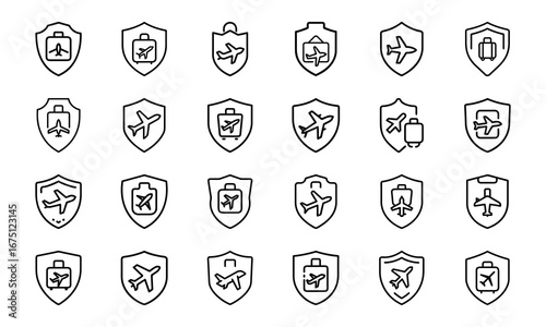 Travel and Adventure Outline Icons Set Camping, Hiking, Airplane Ticket, Credit Card, Globe, Map, Binoculars, Luggage, Camper Van, Mountains, Lighthouse, Ship, Cable Car, Campfire, Selfie Stick, Wea