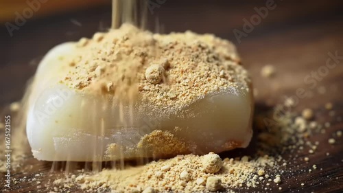 White food item with beige granular topping on wooden surface