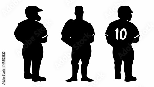 Three silhouette figures of athletes in uniform representing different sports professions and occupations