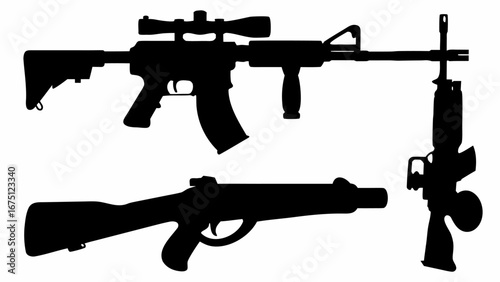 Silhouette depiction featuring three distinct firearms including a rifle with a scope and other guns