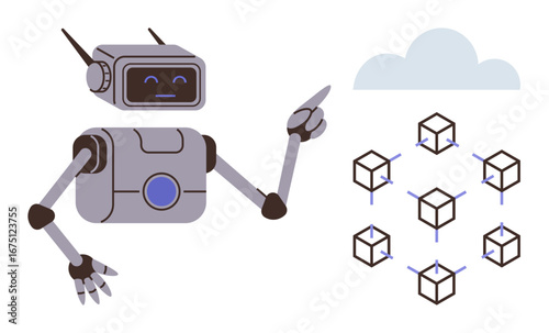 Humanoid robot pointing at network nodes with cube-shaped connections and cloud backdrop. Ideal for innovation, collaboration, technology, AI, blockchain, networking, future concepts. Clean flat