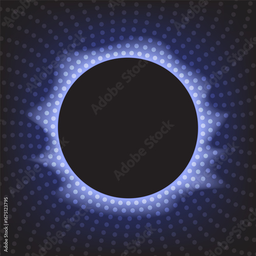 Abstract glowing circle with blue light dots, cosmic eclipse effect, futuristic digital background design.