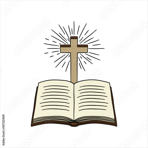 Cross, open bible and rays of light on white background. Color stylized illustration. Vector graphics. Christian symbols. Religion.