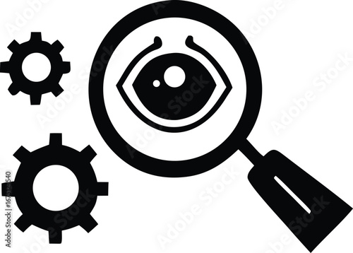 Magnifying glass focuses on eye symbol alongside interlocking gears illustrating data analysis and process optimization