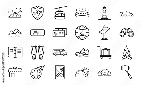Travel and Adventure Outline Icons Set Camping, Hiking, Airplane Ticket, Credit Card, Globe, Map, Binoculars, Luggage, Camper Van, Mountains, Lighthouse, Ship, Cable Car, Campfire, Selfie Stick, Wea