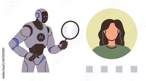 AI robot holding magnifying glass examining woman s profile, representing technology, analysis, and user insights. Ideal for AI, recruitment, research, technology, data security innovation simple