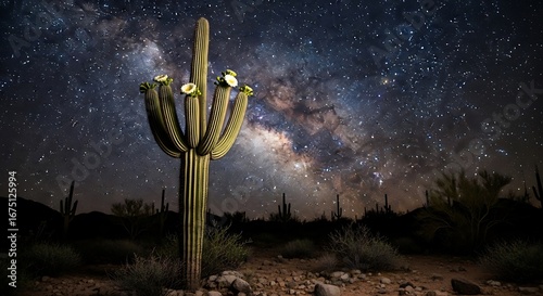 Serene flowering saguaro cactus under a mesmerizing star-filled desert night