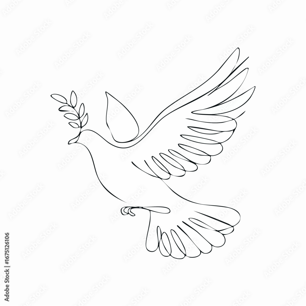 Fototapeta premium Flying dove holding an olive branch as a sign of peace line art vector 2