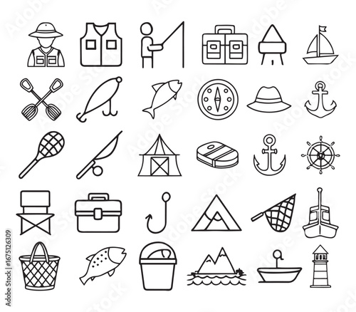 Fishing & Hunting Line Editable Icon Set. Containing hunting, fishing, camping, adventure, fish and more. Vector Modern Illustration